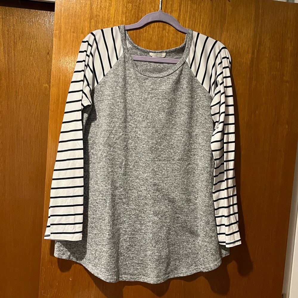 Baseball style long sleeved shirt - grey, and black and white striped sleeves